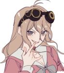  1girl antenna_hair bangs blonde_hair blue_eyes bow breasts danganronpa_(series) danganronpa_v3:_killing_harmony goggles goggles_on_head grin hair_between_eyes hand_up iruma_miu large_breasts long_hair looking_at_viewer pink_shirt sailor_collar shiny shiny_hair shirt simple_background smile solo teeth white_background yp_(pypy_5_) 