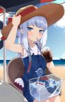  1girl absurdres armpit_peek bag beach bloop_(gawr_gura) blue_dress blue_eyes blush cloud cola cup day drawn_ears drawn_whiskers dress drinking drinking_straw_in_mouth face_filter fish_tank gawr_gura hair_ornament hairclip hat hat_ribbon highres holding holding_cup hololive hololive_english horizon knbd long_hair looking_at_viewer ocean official_alternate_costume outdoors red_ribbon ribbon shirt shoulder_bag silver_hair sitting sky sleeveless sleeveless_shirt soda solo_focus straw_hat summer suspenders sweatdrop virtual_youtuber white_shirt 