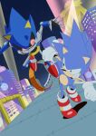  2boys absurdres banel_springer building clenched_teeth gloves highres male_focus metal_sonic multiple_boys racing retro_artstyle robot running shoes sneakers sonic_(series) sonic_cd sonic_the_hedgehog sonic_the_hedgehog_(classic) teeth white_gloves 