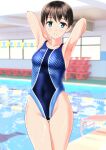  1girl absurdres armpits arms_behind_head blue_eyes blue_swimsuit breasts brown_hair cameltoe clothes_writing commentary_request competition_swimsuit covered_navel cowboy_shot highres indoors looking_at_viewer multicolored_clothes multicolored_swimsuit one-piece_swimsuit original parted_lips pool poolside presenting_armpit short_hair small_breasts solo standing swimsuit takafumi thigh_gap 