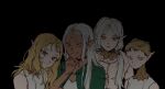  1boy 3girls androgynous black_background black_choker black_eyes blonde_hair choker cithis closed_mouth dark-skinned_female dark_skin detached_collar dungeon_meshi elf fleki grey_hair grin looking_at_viewer low_twintails lycion multiple_girls notched_ear otta_(dungeon_meshi) parted_lips pointy_ears short_hair simple_background smile twintails very_short_hair yp_(pypy_5_) 