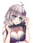  1girl aa-12_(girls&#039;_frontline) airbo blue_eyes blush bra breasts cleavage clothes_lift collarbone commentary eyebrows_visible_through_hair girls&#039;_frontline hair_ornament highres long_hair looking_at_viewer medium_breasts open_mouth purple_bra purple_shirt shirt shirt_lift silver_hair solo star_(symbol) star_hair_ornament underwear upper_body white_background 