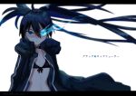 1girl absurdres belt_collar black_bra black_jacket black_rock_shooter black_rock_shooter_(character) blue_eyes bra character_name collar commentary copyright_name dark_blue_hair flaming_eye flat_chest highres hood hooded_jacket jacket light_frown long_hair looking_at_viewer pale_skin ponytail skinny solo tatyaoekaki translated underwear upper_body v-shaped_eyebrows very_long_hair white_background 