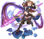  1girl arm_up armor armored_boots artist_request asymmetrical_bangs aura bangs beatrix_(granblue_fantasy) belt blue_legwear blue_ribbon blue_vest blush boots breasts brown_footwear brown_hair brown_jumpsuit clenched_hand clothing_cutout cube energy_sword faulds full_body gauntlets granblue_fantasy green_eyes hair_ornament hair_ribbon highres holding holding_sword holding_weapon knee_pads large_breasts leg_up light_blush long_hair looking_at_viewer navel non-web_source official_art open_mouth outstretched_arm ponytail ribbon shiny shiny_hair short_jumpsuit shoulder_armor solo standing standing_on_one_leg stomach stomach_cutout sword teeth thighhighs tied_hair transparent_background v-shaped_eyebrows vambraces vest waist_cape weapon world_flipper 