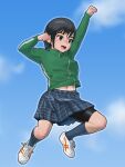  1girl :d arm_up bike_shorts bike_shorts_under_skirt black_hair blue_skirt blush brown_eyes clenched_hands cloud commentary from_below green_jacket herikutsu_ryuutsuu_center highres jacket jersey jumping kneehighs looking_ahead navel open_mouth original plaid plaid_skirt shoes short_hair skirt sky smile sneakers tan teeth thick_eyebrows toned track_jacket track_suit white_footwear 