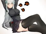  1girl bangs black_legwear black_shirt black_skirt blush breasts closed_mouth ekuesu eyebrows_visible_through_hair feet_out_of_frame girls&#039;_frontline green_eyes hair_ornament heart highres hk416_(girls&#039;_frontline) knee_up large_breasts long_hair long_sleeves looking_at_viewer shirt silver_hair sitting skirt solo spoken_heart thighhighs thighs 