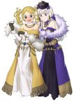 2girls absurdres alternate_costume bare_shoulders black_dress black_footwear black_gloves black_headwear blonde_hair blue_eyes blush breasts cleavage cosplay dress ebinku embarrassed feather_boa fire_emblem fire_emblem:_three_houses fire_emblem_awakening fire_emblem_heroes frown gloves highres jewelry lissa_(fire_emblem) lysithea_von_ordelia lysithea_von_ordelia_(cosplay) multiple_girls necklace official_alternate_costume open_mouth purple_dress purple_eyes small_breasts strapless strapless_dress sweatdrop two_side_up white_dress white_footwear white_hair yellow_dress 