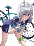  1girl animal_ear_fluff animal_ears bangs bicycle bike_jersey blue_archive blue_eyes blush bottle breasts collarbone cross_hair_ornament cycling_uniform grey_hair grin ground_vehicle hair_ornament highres k_pring leaning_forward looking_at_viewer medium_breasts medium_hair shiroko_(blue_archive) smile solo thighs water_bottle 