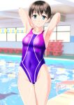  1girl absurdres armpits arms_behind_head blue_eyes breasts brown_hair cameltoe clothes_writing commentary_request competition_swimsuit covered_navel cowboy_shot highres indoors looking_at_viewer multicolored_clothes multicolored_swimsuit one-piece_swimsuit original parted_lips pool poolside presenting_armpit purple_swimsuit short_hair small_breasts solo standing swimsuit takafumi thigh_gap 