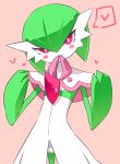  1girl :3 absurdres bangs blush blush_stickers bob_cut bright_pupils capelet closed_mouth clothed_pokemon colored_skin commentary_request cowboy_shot flat_chest gardevoir green_hair green_skin hair_between_eyes half-closed_eye hands_up happy heart highres lifted_by_self looking_at_viewer m3_(gardevoir_m3) mouth_hold multicolored_skin pink_background pink_trim pokemon pokemon_(creature) pokemon_(game) pokemon_unite red_eyes short_hair simple_background smile solo speech_bubble spoken_heart standing two-tone_skin uneven_eyes white_capelet white_pupils white_skin 