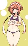  1girl alternate_costume ass_visible_through_thighs bikini breasts fire_emblem fire_emblem_fates hairband looking_at_viewer munyokity o-ring o-ring_bikini o-ring_bottom o-ring_top pink_hair purple_bikini purple_swimsuit sakura_(fire_emblem) short_hair small_breasts swimsuit underboob upper_body yellow_background 