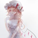  1girl alternate_costume bare_shoulders blonde_hair blurry bow breasts collarbone cross crystal depth_of_field dress eyebrows_visible_through_hair flandre_scarlet flower gloves gradient gradient_background grey_background grey_choker hair_over_eyes hand_up hat hat_bow highres hisu_(hisu_) latin_cross light_blush looking_at_viewer medium_breasts mob_cap one_side_up parted_lips pink_eyes pointy_ears poppy_(flower) red_bow see-through short_hair simple_background solo touhou upper_body white_dress white_flower white_gloves white_headwear wings 