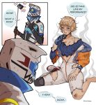  1boy 1girl \m/ absurdres apex_legends bangs black_gloves blue_bodysuit blue_eyes blush bodysuit breasts bsapricot burnt_clothes cleavage collarbone embarrassed english_text gloves heart helmet highres jacket medium_breasts motorcycle_helmet octane_(apex_legends) orange_jacket parted_lips ribbed_bodysuit scar scar_on_cheek scar_on_face scar_on_neck shoes short_hair single_shoe speech_bubble spoken_heart the_victory_lap_octane wattson_(apex_legends) white_bodysuit 