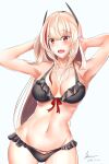  1girl absurdres airbo armpits artist_name bare_shoulders bikini black_bikini black_swimsuit blonde_hair blush breasts cleavage collarbone commentary_request dated eyebrows_visible_through_hair feet_out_of_frame girls&#039;_frontline hands_in_hair headphones highres long_hair looking_at_viewer looking_away m4_sopmod_ii_(girls&#039;_frontline) medium_breasts multicolored_hair navel open_mouth partial_commentary red_eyes smile solo standing swimsuit white_background 