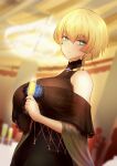  1girl absurdres black_dress blonde_hair blue_eyes breasts closed_mouth cup dress earrings eyebrows_visible_through_hair girls&#039;_frontline glass guchagucha highres holding holding_cup jewelry large_breasts looking_at_viewer mole mole_under_eye necktie short_hair smile solo vsk-94_(girls&#039;_frontline) 