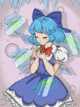  1girl absurdres bangs blue_hair bow cirno cirno_day closed_eyes detached_wings dress eyebrows_visible_through_hair frills frog hair_bow highres holding ice ice_wings icicle kiss neck_ribbon puffy_short_sleeves puffy_sleeves ribbon short_sleeves simple_background solo touhou violaviolinn wings 