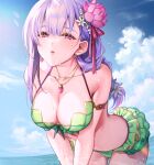  1girl absurdres bikini breasts earrings fate/grand_order fate_(series) flower green_bikini hair_flower hair_ornament highres jewelry kama_(fate) kama_(swimsuit_avenger)_(fate) leaning_forward long_hair ocean pendant pink_eyes swimsuit wet wingtemple 