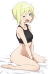  1girl absurdres bare_shoulders barefoot black_tank_top blonde_hair blue_eyes blush bottomless breasts collarbone commentary_request drooling erica_hartmann eyebrows_visible_through_hair fankupl highres looking_at_viewer no_panties open_mouth saliva shiny shiny_hair short_hair simple_background small_breasts solo strike_witches tank_top tears waking_up white_background world_witches_series yawning 