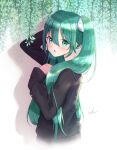  1girl :o absurdres bangs black_sweater blush bow commentary eyebrows_visible_through_hair from_behind green_eyes green_hair hair_between_eyes hair_bow hair_over_shoulder hand_in_hair hatsune_miku highres long_hair long_sleeves looking_at_viewer looking_back nanae_lia shiny shiny_hair signature solo standing sweater twintails upper_body very_long_hair vocaloid white_background white_bow 