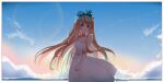  1girl absurdres adjusting_hair bangs blonde_hair blush border breasts cleavage cloud commentary dress eyebrows_visible_through_hair fairy fairy_wings green_ribbon hair_ribbon highres long_hair looking_at_viewer nijisanji nijisanji_en parkiranhonda pointy_ears pomu_rainpuff red_eyes ribbon smile solo sun_glare sunset virtual_youtuber white_dress wings 