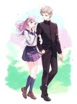  1boy 1girl arm_hug blue_neckerchief blush cezaria cherry_blossoms couple flower full_body fuyusaka_iori gakuran grey_eyes grey_hair hair_flower hair_ornament hand_in_pocket highres juusan_kihei_bouei_ken kneehighs loafers looking_at_another neckerchief parted_lips pleated_skirt sailor_collar school_uniform sekigahara_ei shoes silver_hair skirt 