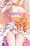 1girl armpits arms_up ass_visible_through_thighs bed_sheet blush bow bow_panties breasts bridal_veil cameltoe choker cleavage collarbone commentary dakimakura_(medium) dress english_commentary finger_to_mouth flower fnc_(girls&#039;_frontline) food food_on_face girls&#039;_frontline head_out_of_frame highres long_hair lying medium_breasts on_back orange_bow orange_flower orange_hair panties parted_lips solo thigh_gap thighs underwear veil wedding_dress white_dress white_panties wrist_cuffs z.taiga 