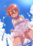  1girl ahoge ass_visible_through_thighs bangs bare_arms bare_shoulders blue_sky brown_hair closed_mouth clothes_lift cloud commentary_request day dress dress_lift eyebrows_visible_through_hair hair_between_eyes lifted_by_self muu_rian original outdoors panties red_eyes short_hair sky sleeveless sleeveless_dress smile solo standing tan tanlines underwear water water_drop white_dress white_panties 