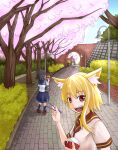  2girls alternate_costume animal_ears asymmetrical_hair bangs black_hair black_legwear black_skirt blonde_hair bowl brick brown_eyes brown_footwear building cherry_blossoms chopsticks commentary_request cookie_(touhou) day eyebrows_visible_through_hair fox_ears fox_girl full_body glasses hair_between_eyes handheld_game_console highres holding holding_bowl holding_chopsticks lamppost looking_at_viewer medium_hair miramikaru_riran multiple_girls nintendo_ds open_mouth outdoors red-framed_eyewear rice rice_bowl riina_(cookie) running_bond school_uniform serafuku shirt shoes sidelocks skirt socks town tree upper_body white_shirt yan_pai 