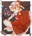  1girl :d arm_up ascot bangs barefoot bat blonde_hair blush border bow commentary crystal fang flandre_scarlet foot_out_of_frame grey_background hat hat_bow highres looking_at_viewer mob_cap one_side_up open_mouth outside_border petticoat puffy_short_sleeves puffy_sleeves red_bow red_eyes red_skirt red_vest shoes shoes_removed short_sleeves simple_background skirt smile solo standing standing_on_one_leg tamiku_(shisyamo609) touhou v-shaped_eyebrows vest white_border white_headwear wings wrist_cuffs yellow_ascot 