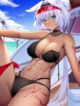  1girl abs absurdres animal_ears bangs bare_shoulders beach bikini black_bikini black_hairband blue_eyes blue_sky body_markings breasts caenis_(fate) caenis_(swimsuit_rider)_(fate) cleavage cloud cloudy_sky collarbone covered_nipples eyewear_on_head fate/grand_order fate_(series) hairband harpoon highres knee_up large_breasts long_hair looking_at_viewer mili_(pixiv24297867) navel ocean sitting sky solo sunglasses surfboard swimsuit thighs toned very_long_hair white_hair 