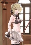  1girl absurdres apron artoria_pendragon_(alter_swimsuit_rider)_(fate) artoria_pendragon_(fate) bangs bare_shoulders bikini black_bikini black_legwear black_ribbon black_skirt blonde_hair blush braid breasts broom choker cleavage fate/grand_order fate_(series) french_braid frilled_choker frills hair_bun hair_ribbon highres leg_garter long_hair looking_at_viewer maid_bikini maid_headdress medium_breasts navel ribbon sidelocks skirt solo suama_(0122) swimsuit thighhighs thighs waist_apron white_apron yellow_eyes 