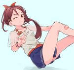  1girl anchor bare_legs blue_background blue_shorts bow bracelet brown_eyes closed_mouth collarbone commentary feet_out_of_frame hair_bow hair_ornament hand_on_own_leg highres irenji jewelry long_hair love_live! love_live!_sunshine!! one_eye_closed red_bow red_hair sakurauchi_riko see-through_sleeves shirt short_sleeves shorts simple_background smile solo star_(symbol) star_hair_ornament tied_shirt very_long_hair white_shirt 