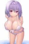  1girl absurdres asamura_hiori bare_shoulders bikini breasts cleavage collarbone cowboy_shot frilled_bikini frills gridman_universe highres huge_breasts leaning_forward light_purple_hair looking_at_viewer purple_eyes shinjou_akane short_hair simple_background smile solo ssss.gridman standing swimsuit 