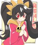  1girl artist_name ashley_(warioware) bangs big_hair black_hair blush character_name commentary_request dress eromame hairband long_hair long_sleeves looking_at_viewer orange_hairband red_dress red_eyes skull solo twintails twitter_username upper_body very_long_hair warioware yellow_background 