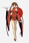  alternate_costume alternate_hairstyle brown_eyes brown_hair double_bun dress full_body guilty_gear guilty_gear_strive highres kuradoberi_jam long_hair red_dress redesign smile very_long_hair zaki_(narashigeo) 