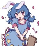 1girl absurdres ambiguous_red_liquid animal_ears blue_dress blue_hair commentary crescent crescent_print dress earclip floppy_ears frilled_dress frills highres kame_(kamepan44231) kine mallet rabbit_ears red_eyes seiran_(touhou) star_(symbol) star_print touhou 
