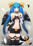  1girl asymmetrical_wings bare_shoulders blue_hair dizzy_(guilty_gear) feathers guilty_gear guilty_gear_vastedge_xt highres k1_(erin22) long_hair navel pale_skin ribbon shorts twintails wings yellow_ribbon 