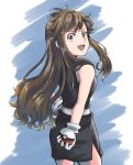  1girl :d black_dress blue_background brown_eyes brown_hair commentary_request cowboy_shot dress floating_hair from_behind gloves green_(pokemon) hand_on_hip highres holding holding_poke_ball long_hair looking_at_viewer looking_back mahiro_(v6gxk) open_mouth poke_ball pokemon pokemon_(game) pokemon_rgby pokemon_rgby_(prototype) shiny shiny_hair short_dress side_slit sleeveless sleeveless_dress smile solo standing two-tone_background very_long_hair white_background white_gloves 