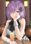  1girl alternate_costume bad_id bad_pixiv_id bangs bare_shoulders black_ribbon blush breasts commentary_request cup dress drink drinking_glass eyebrows_visible_through_hair eyes_visible_through_hair fate/grand_order fate_(series) formal hair_ornament hair_over_one_eye hand_on_own_cheek hand_on_own_chin hand_on_own_face highres indoors large_breasts light_purple_hair lips looking_at_viewer mash_kyrielight neck_ribbon official_alternate_costume pink_lips purple_eyes ribbon sakurasakimasu4 see-through short_hair sleeveless sleeveless_dress smile solo under_the_same_sky upper_body white_dress wrist_cuffs 