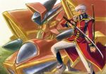  1boy armor boots coat grungust_sanshiki highres holding holding_sword holding_weapon katana kengko mecha red_coat sanger_zonvolt scabbard sheath shoulder_armor silver_hair super_robot_wars sword weapon 