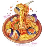  commentary_request eggplant food food_focus fork highres momiji_mao no_humans original pasta plate signature simple_background spaghetti spring_onion translation_request white_background 
