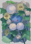  :3 artist_name blurry closed_mouth commentary cotton_ball flower highres jumpluff kikuyoshi_(tracco) leaf no_humans pokemon pokemon_(creature) red_eyes signature smile yellow_flower 