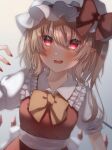  1girl absurdres bangs blonde_hair blush bow bowtie crystal flandre_scarlet gradient gradient_background hat hat_bow highres hisu_(hisu_) looking_at_viewer mob_cap open_mouth petticoat pointy_ears red_bow red_eyes red_nails short_hair simple_background solo sweatdrop touhou upper_body white_background white_headwear wings yellow_bow yellow_bowtie 