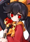  1girl absurdres ashley_(warioware) bangs black_hair blush dress hairband highres holding long_hair long_sleeves looking_at_viewer orange_hairband red_dress red_eyes rotroto simple_background skull twintails upper_body very_long_hair wand warioware white_background 