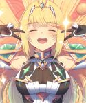  1girl bangs blonde_hair breasts cat_with_a_brush chest_jewel dress earrings elbow_gloves emotional_engine_-_full_drive gloves jewelry large_breasts long_hair mythra_(xenoblade) short_dress solo swept_bangs tiara very_long_hair white_dress white_gloves xenoblade_chronicles_(series) xenoblade_chronicles_2 