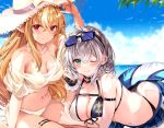  2girls arm_up ass bangs beach bikini black_bikini blue_sky blush breasts cleavage closed_mouth cloud collarbone commentary_request crossed_bangs day eyebrows_visible_through_hair flower green_eyes hat hat_flower highres hinahino hololive innertube large_breasts leaf licking_lips medium_breasts mountainous_horizon multiple_girls navel ocean one_eye_closed orange_hair outdoors pointy_ears red_eyes see-through_shirt shiranui_flare shirogane_noel shirt silver_hair sitting sky smile sun_hat swimsuit thigh_strap tongue tongue_out twitter_username virtual_youtuber white_bikini white_shirt 