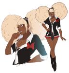  1girl afro_puffs afrobull alternate_hairstyle alternate_skin_color bangs bear_hair_ornament big_hair black_footwear blue_eyes boots bow breasts cleavage collarbone commentary danganronpa_(series) dark-skinned_female dark_skin english_commentary enoshima_junko fingernails full_body hair_ornament hand_on_hip headset lips miniskirt multiple_views mushisotisis nail_polish necktie parted_lips prototype red_nails red_skirt school_uniform simple_background skirt sleeves_rolled_up smile tied_hair white_background 
