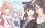  4girls anchor_hair_ornament animal_ears arashio_(azur_lane) asashio_(azur_lane) azur_lane bell black_hair blue_eyes blue_hair blue_sash bow braid breasts busaikusu_(boosykes) cat_ears cat_girl green_skirt grey_bow hair_ornament hakama hakama_short_skirt hakama_skirt highres japanese_clothes jingle_bell large_breasts looking_at_viewer michishio_(azur_lane) miniskirt multiple_girls neck_bell ooshio_(azur_lane) open_mouth oppai_loli orange_eyes orange_hair pleated_skirt purple_eyes red_eyes red_sailor_collar red_skirt sailor_collar sash skirt twin_braids wide_sleeves 