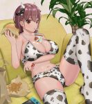  1girl absurdres animal_ears animal_print arm_under_breasts bangom_r between_breasts bra breasts burger chinese_zodiac cleavage copyright_request couch cow_ears cow_girl cow_horns cow_print drinking drinking_straw food highres horns indoors large_breasts navel panties sitting solo thighhighs underwear year_of_the_ox 