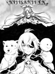  2girls bangs bear blank_eyes empty_eyes eyepatch facial_mark fish_hair_ornament fur_trim greyscale hair_ornament hair_ribbon highres hood hoodie lendivere long_hair monochrome multiple_girls nijisanji nijisanji_en one_eye_covered parody petra_gurin polar_bear pomu_rainpuff ribbon serious short_hair smile snowman sparkle thumbs_up virtual_youtuber 